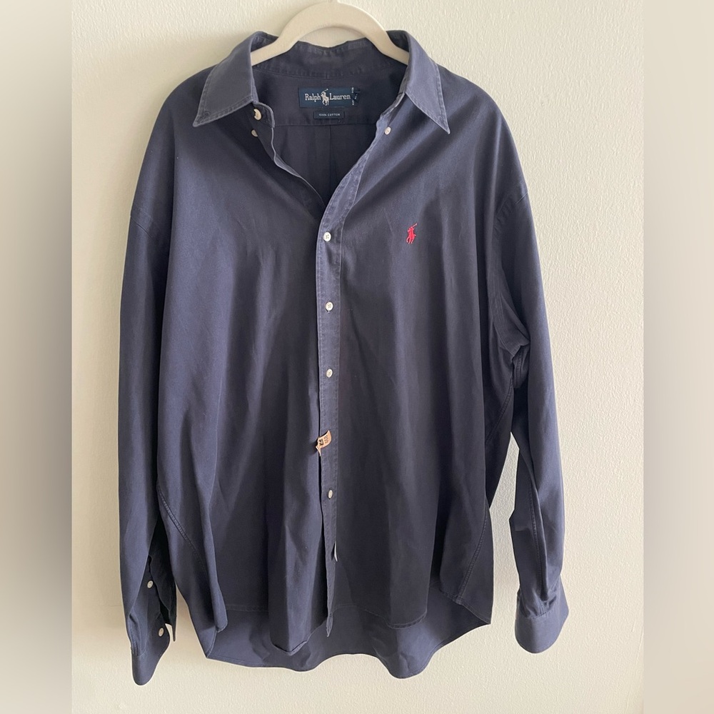 Vintage Ralph Lauren Men's Dark Blue Button-Down Shirt *freshly dry cleaned*